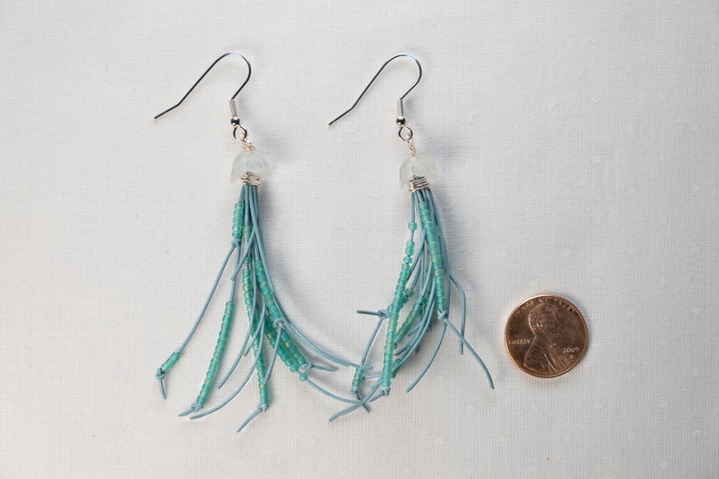 jellyfish leather fringe earrings / ocean-inspired blue earrings / beaded leather earrings / dangle earrings image 2