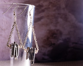 Gray quartz earrings / chandelier earrings / chain and bead earring / wire wrapped earrings / smoky grey earrings