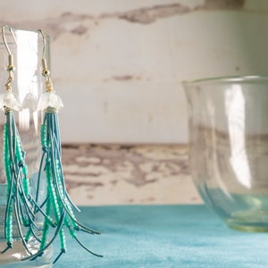 jellyfish leather fringe earrings / ocean-inspired blue earrings / beaded leather earrings / dangle earrings image 1
