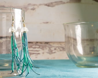 jellyfish leather fringe earrings / ocean-inspired blue earrings / beaded leather earrings / dangle earrings