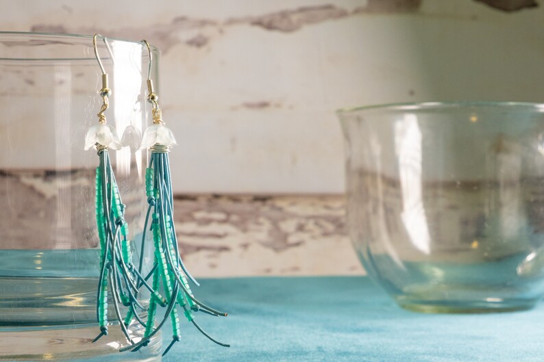 jellyfish leather fringe earrings / ocean-inspired blue earrings / beaded leather earrings / dangle earrings image 1