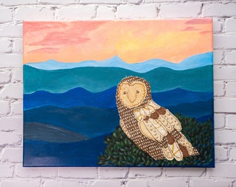 Mountain Sunset Embroidered Painting / Owl art / Applique and Embroidery art / Folk-art inspired / Mixed-media painting