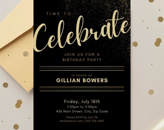 Black and Gold Party Invitations | Adult Birthday Invitation | Canva Template
