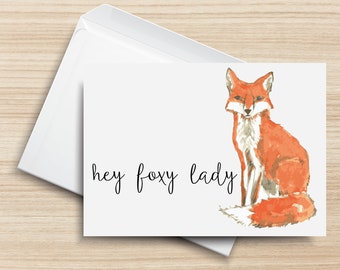 Hey Foxy Lady PRINTABLE Greeting Card, 5x7, Cardstock, Orange Fox, Watercolor Illustration, Typography, Just Because Card, Hello, I Miss you