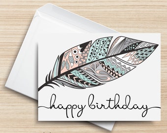 Happy Birthday PRINTABLE Greeting Card, 5x7, Cardstock, Digital Art, Feather, Tribal, Pastel, Typography, Illustration, Envelope Template