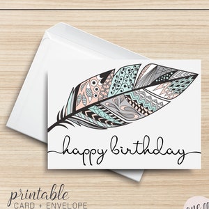 Cartão de felicitações para impressão de feliz aniversário, 5x7, cartolina, arte digital, pena, tribal, pastel, tipografia, ilustração, modelo de envelope