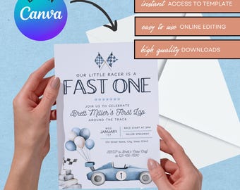 Our Little Racer is a Fast ONE, Baby Birthday Party Invitation TEMPLATE, 1st, first birthday, race car, blue, balloons, racetrack