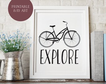 EXPLORE Printable Art, 8x10 Print, Wall Art, Bicycle, Hipster, Hip, Black, Grey, White, Adventure, Vintage, Antique, Retro, Bikes