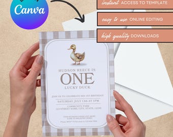 Baby is ONE Lucky Duck, Baby Birthday Party Invitation TEMPLATE, brown, white, beige, ducky