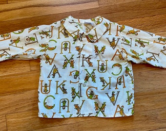 70s alphabet print round collar long sleeve blouse kids’ size 3-4 vintage