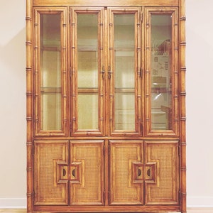 SOLD - Vintage Stanley Furniture Faux Bamboo & Caned Hutch