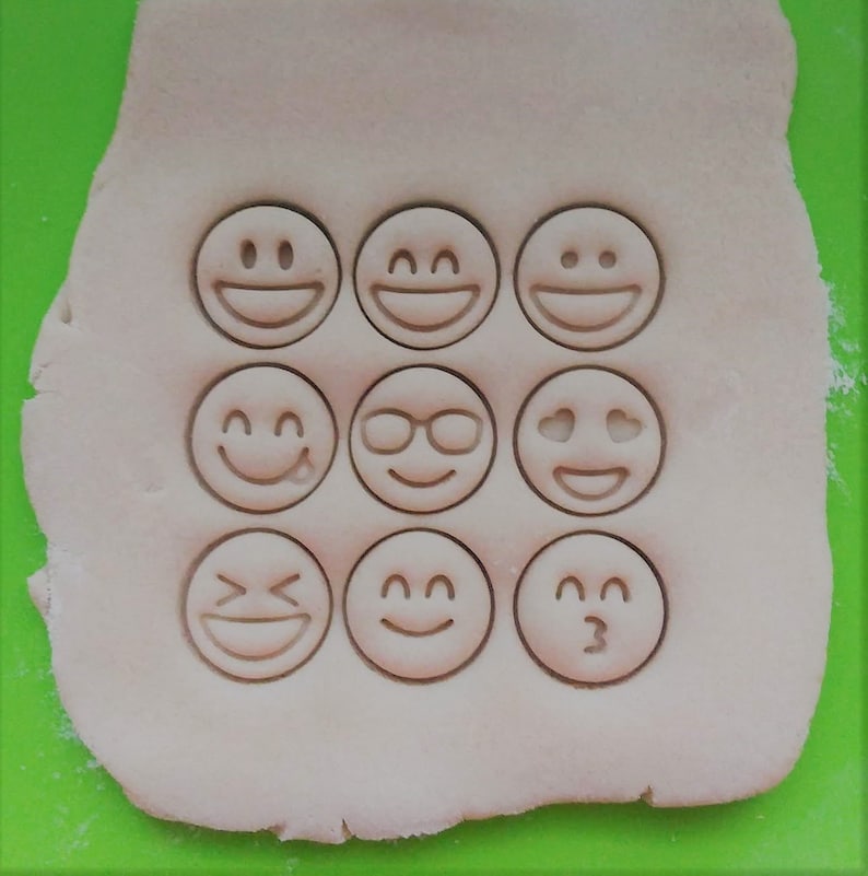 Emoji smiley smiling kisses LOL sunglasses love cookie cutter fondant baking tool 9 pack multi cutter
