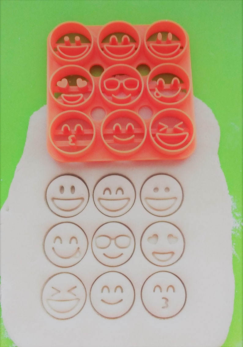 Emoji smiley smiling kisses LOL sunglasses love cookie cutter fondant baking tool 9 pack multi cutter