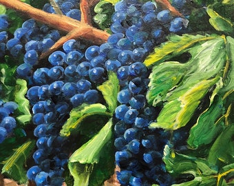 Sonoma Harvest Original Acrylic Painting 9x12 Red Wine Grapes, Kitchen Decor Art, Cabernet Blue Grapes on Vine Napa Valley Vineyard, Mernie