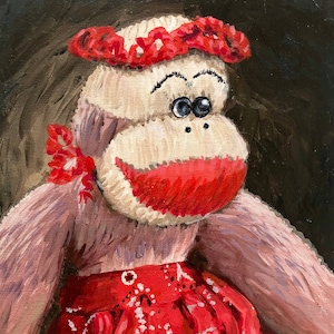 Sock Monkey Original 9x12 Acrylic Painting, Whimsical Wall Art, Vintage Sock Monkey Portrait, Mernie Buchanan