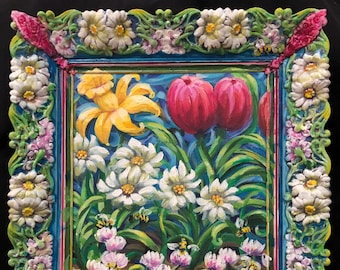 Spring Buzz Original 13x11 Acrylic Painting, Spring Flowers, Daisies Clover Honey Bees & Tulips Wall Art, Ornate, Hand Painted Vintage Frame