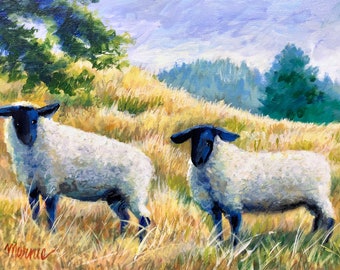 Ewe and Ewe Original Acrylic Painting, 9x12 Suffolk Sheep Wall Art, Golden California Hills, Country Kitchen Decor, Two White Sheep, Mernie