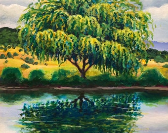 Napa Pond Original 9x12 Acrylic Painting, Willow Tree Sonoma California Vineyard, Landscape Wall Art, Tree and Pond Reflection, Mernie