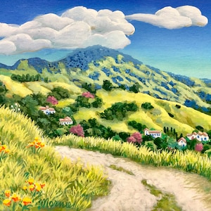 Diablo z Lafayette Oryginalny obraz akrylowy 11x14, wiosenne wzgórza, sztuka ścienna Mount Diablo, krajobraz maków w kalifornijskich wzgórzach, Mernie
