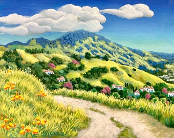 Diablo from Lafayette Original 11x14 Acrylic Painting, Springtime Hills, Mount Diablo Wall Art, California Hills Poppies Landscape, Mernie