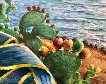 Cactus Pears Original Acrylic Painting, 9x12 Beavertail Cactus & Blue Agave on California Shoreline, Affordable Wall Art, Mernie Buchanan
