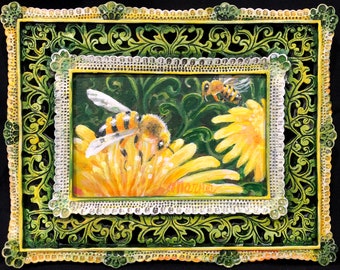 Dandelion Bee 3 Original 7x9 Acrylic Painting Honeybee on Dandelion Flower Wall Art, Ornate Upcycled Hand Painted Frame Yellow Green, Mernie