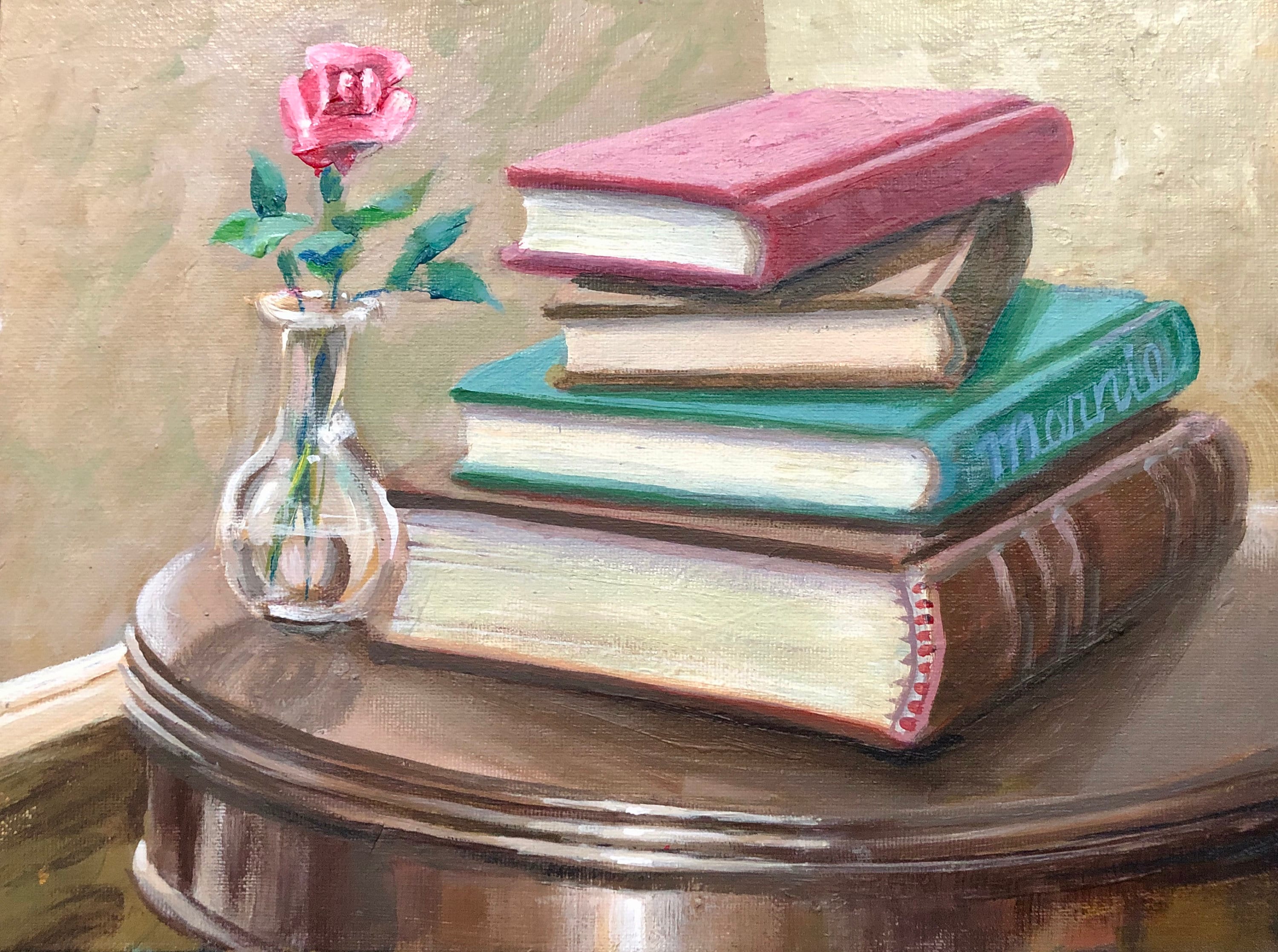 Books Still Life Original 9x12 Acrylic Painting, The Someday Stack, Books  Painting, Home Library Bookshelf Wall Art, Pink Rosebud, Mernie