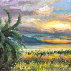May include: A painting of a sunset over a body of water with a palm tree in the foreground. The sky is a mix of purple, blue, and orange, with a bright yellow sun shining through the clouds. The water is a calm blue, and the palm tree has green leaves.