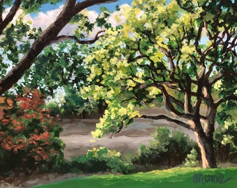 Evening Oaks Original Acrylic Painting, 9x12 Walnut Creek CA Landscape Painting, Iron Horse Trail Oak Trees,  Affordable Wall Art, Mernie