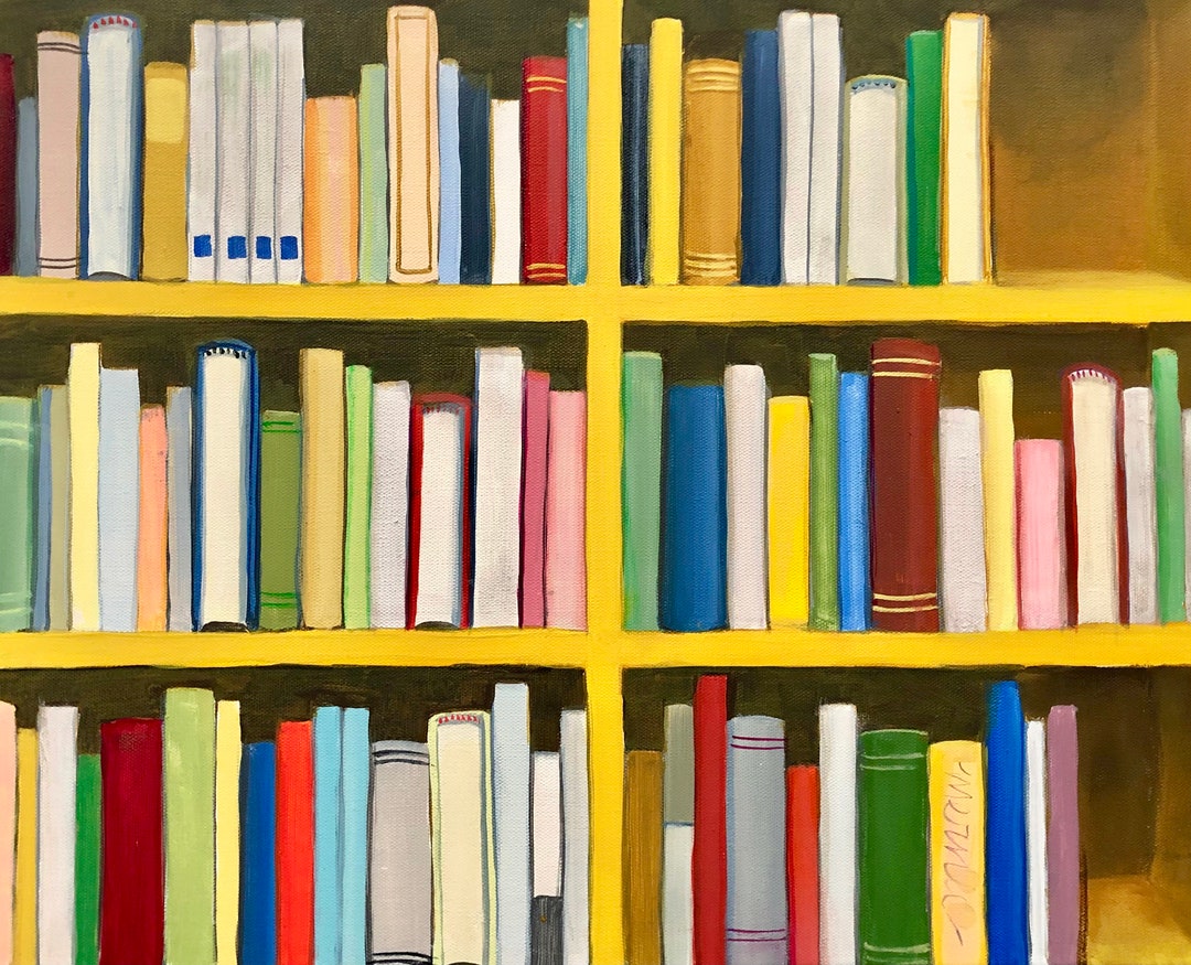 Non Fiction Original 16x20 Acrylic Painting, Library Bookshelves, Woodstock Public Library
