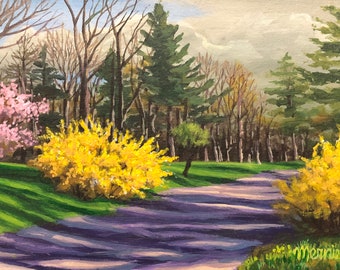 First Forsythia Original 9x12 Acrylic Painting, Yellow Spring Blossoms, Hudson Valley Landscape Wall Art, Woodstock NY, Mernie Buchanan