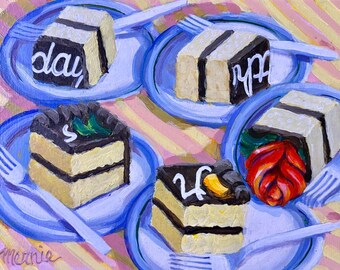 Happy Birthday! Original 9x12 Acrylic Painting, Cheerful Party Cake Wall Art, Costco Yellow Sheet Cake Celebration, Chocolate Frosting