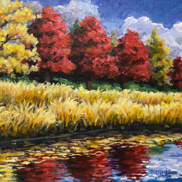Red Trees Trio Original Acrylic Painting, 9x12 Red Gold Autumn Landscape, Bard College Pond, Fall Colors Wall Art, Mernie Buchanan