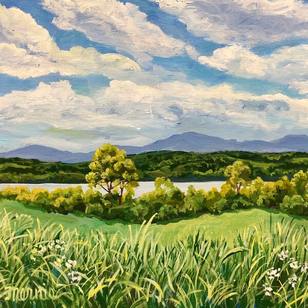 Poet’s Walk 11x14 Original Acrylic Painting, Hudson River Wall Art, Catskills Spring Clouds Landscape, Poet’s Walk Park NY, Mernie Buchanan