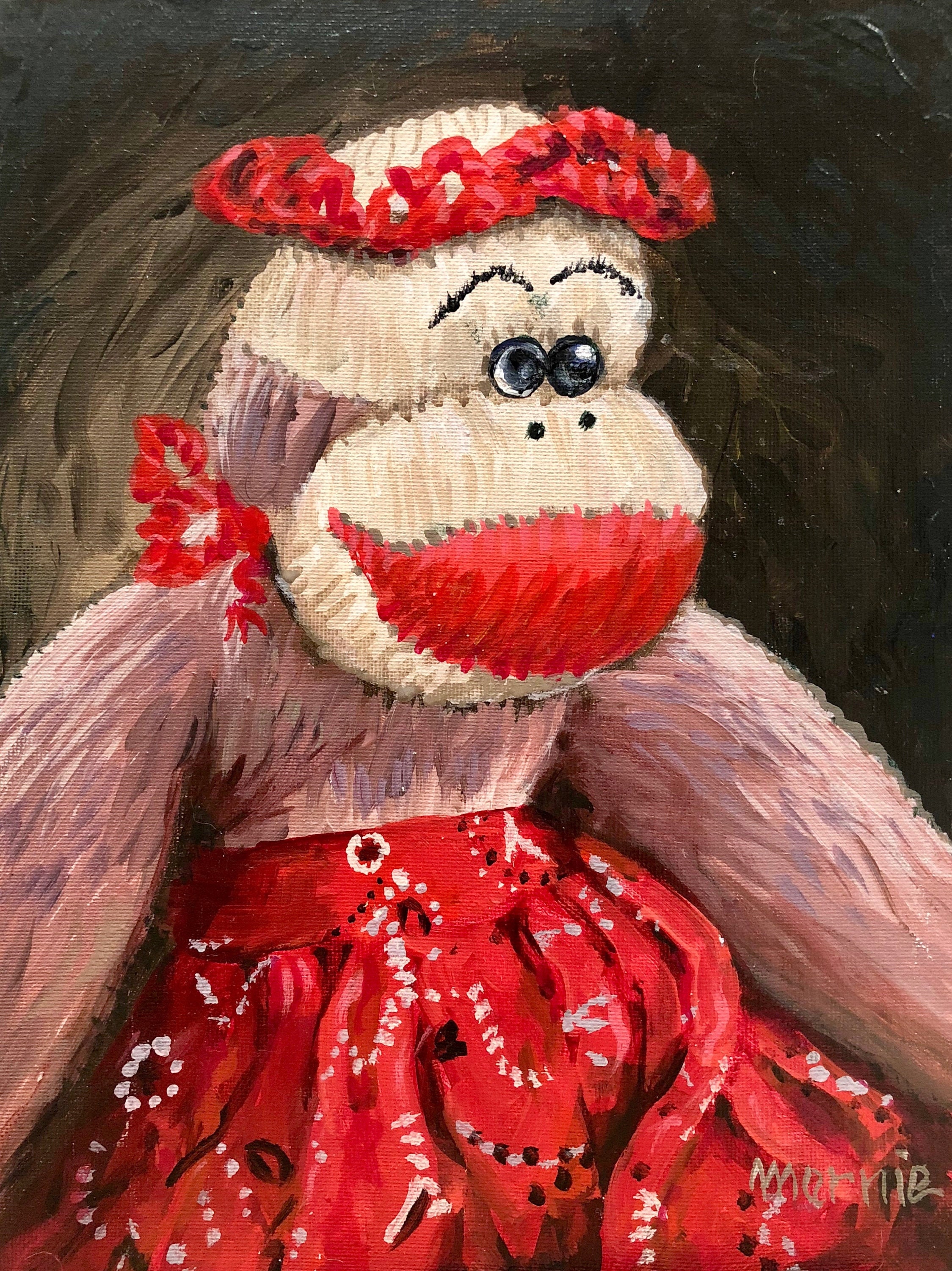 Sock Monkey Original 9x12 Acrylic Painting, Whimsical Wall Art