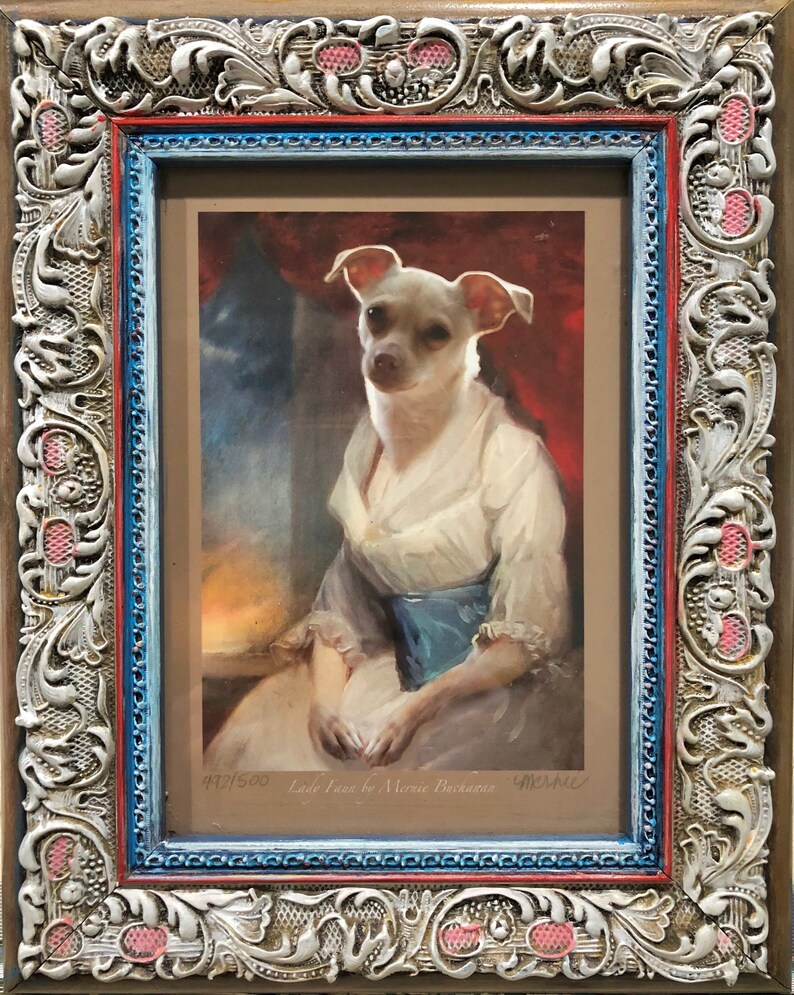 5x7\u201d Photo Print Painted Frame Lady Faun Chihuahua Faun as Antique British Portrait Chihuahua Art Parody Dog Art Print Mernie Buchanan