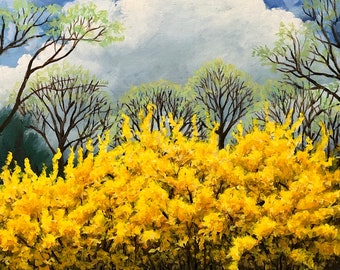 Forsythia Finally Original 20x16 Acrylic Painting, Yellow Spring Flowers Hudson Valley Landscape Wall Art, Springtime Wake Up Call, Mernie