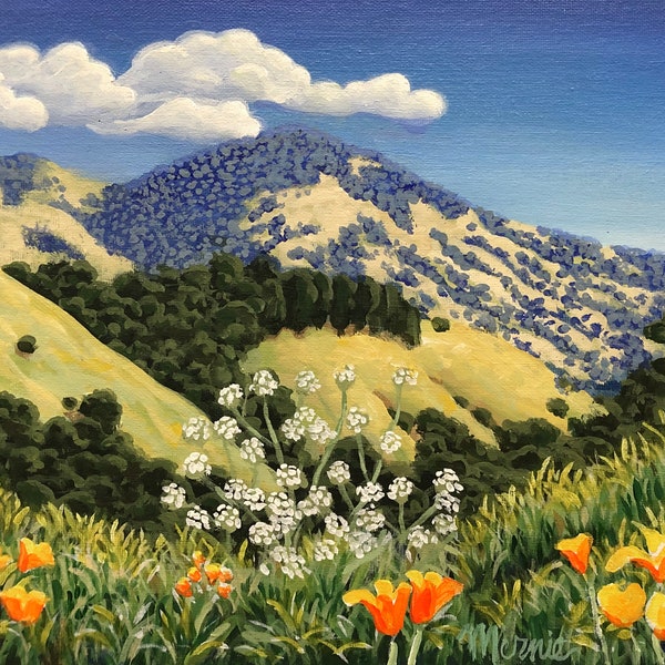 Diablo with Poppies 11x14 Original Acrylic Painting, View of Mount Diablo from Lafayette, Springtime Hills, California Landscape Wall Art