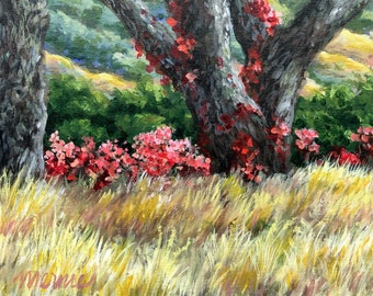 Oaks & Poison Oak 9x12 Original Acrylic Painting, California Hills Landscape, Golden Summer Hills, Ancient Oak Trees, Red Poison Oak, Mernie