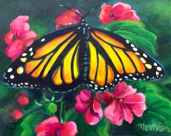 Monarch Butterfly Original 9x12 Acrylic Painting, Monarch & Pink Flowers, Affordable wall art, Cheerful Butterfly Art Accent Mernie Buchanan