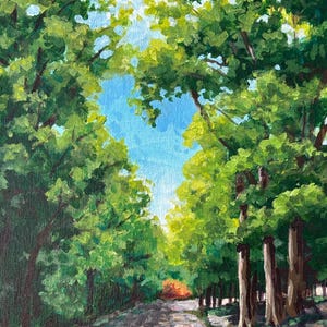 May include: An oil painting depicts a sunlit path through a forest. Lush green trees line the sides, with a bright blue sky peeking through the canopy. The path leads to a distant area with reddish-orange foliage.