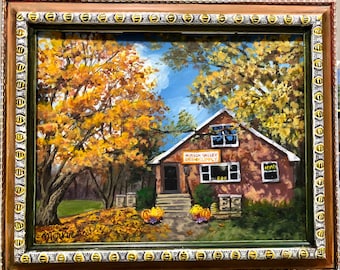 Hudson Valley Bee Supply Original 14x17 Acrylic Painting, Fall Landscape Wall Art in Hand Painted Bees Frame Catskills NY, Honeybee Friendly