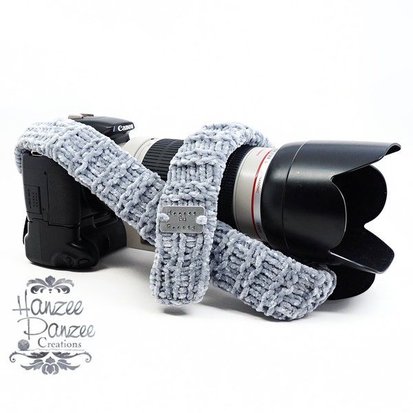 Knit Scarf Camera Strap – Gray, Velvet, DSLR camera strap, Mirrorless camera knit strap, Video camera strap scarf, soft, comfortable, unique