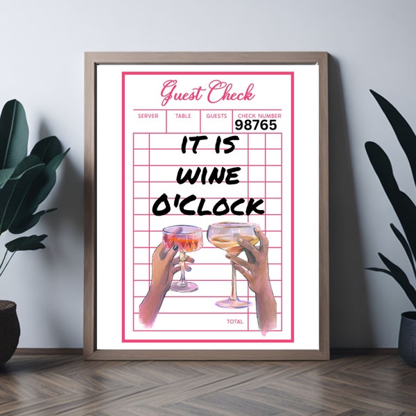 Retro Wine O Clock Guest Check Print - Trendy Room Decor for Wine Lovers Instant Download