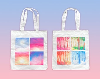 Cute Aesthetic Pastel Rainbow White Canvas Tote Bag | Four Seasons Spring Summer Autumn Winter Forest | Sky Morning Evening Night Galaxy