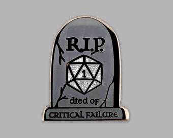 RIP - Died of Critical Failure Gravestone Tombstone Enamel Pin | Dungeons and Dragons | Geek Nerd Gifts & Accessories