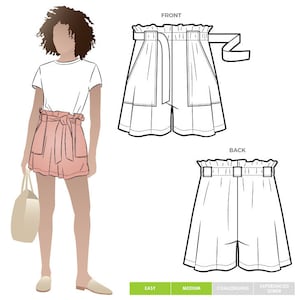 May include: A line drawing of a pair of shorts with a wide waistband and a tie belt. The shorts have two pockets on the front and two pockets on the back. The shorts are labeled 'FRONT' and 'BACK'. The image also includes a line drawing of a person wearing the shorts. The image includes the words 'EASY', 'MEDIUM', 'CHALLENGING', and 'EXPERIENCED SEWER'.