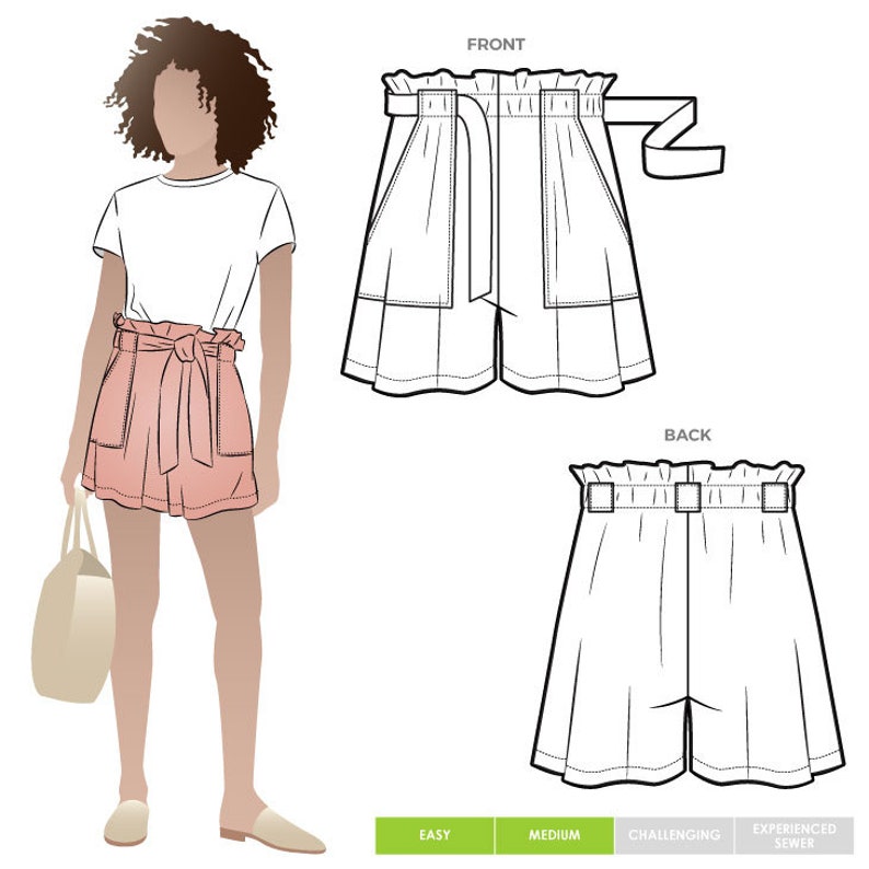 May include: A line drawing of a pair of shorts with a wide waistband and a tie belt. The shorts have two pockets on the front and two pockets on the back. The shorts are labeled 'FRONT' and 'BACK'. The image also includes a line drawing of a person wearing the shorts. The image includes the words 'EASY', 'MEDIUM', 'CHALLENGING', and 'EXPERIENCED SEWER'.