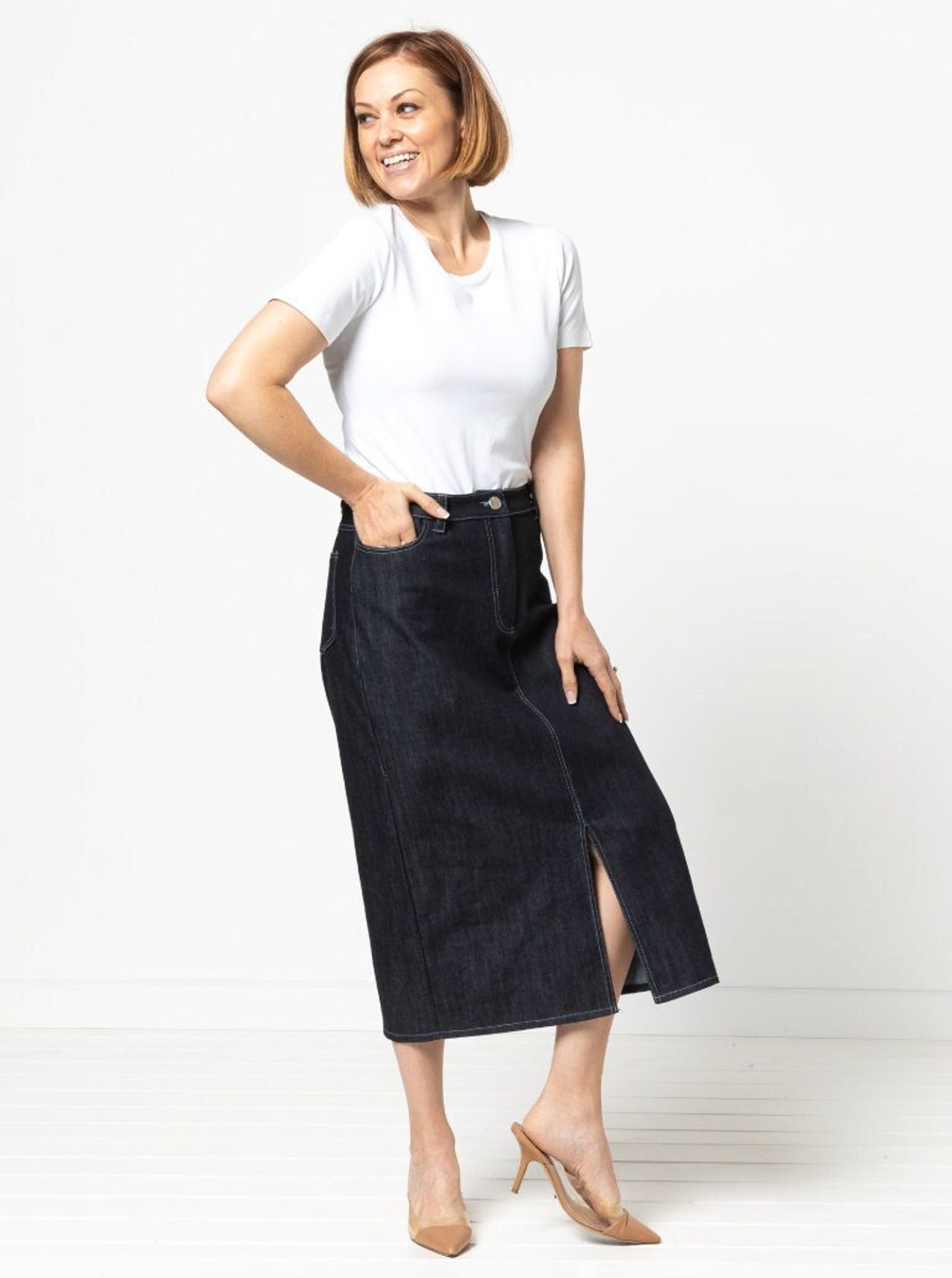 Evie midi denim online skirt