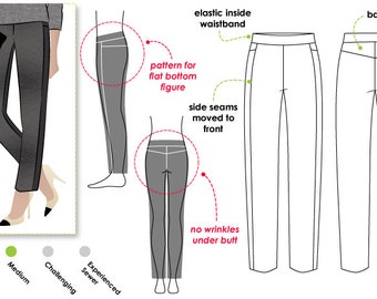 Patron de couture pour femme - Pantalon Flo à fond plat - Tailles 8, 10, 12 - Modèle de pantalon extensible tissé à enfiler par Style Arc